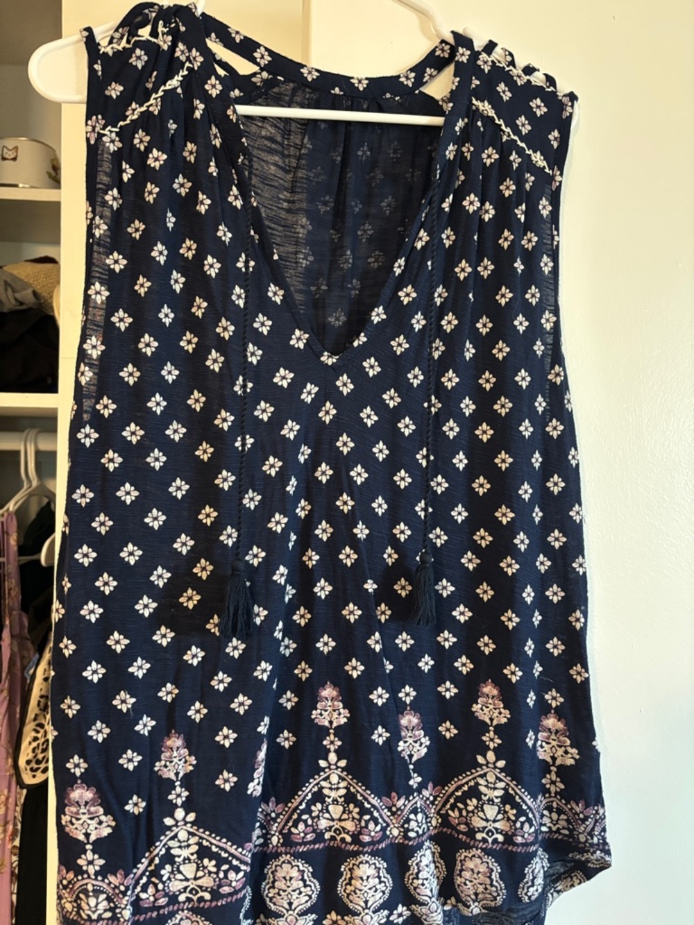 Navy Blue Patterned Boho Tank Top with Tassel V-Neck